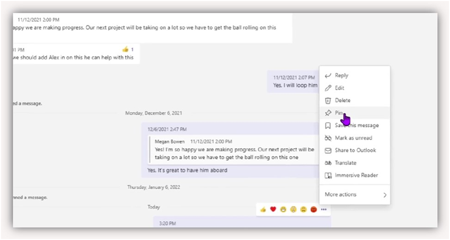 Pin chat messages in Microsoft Teams